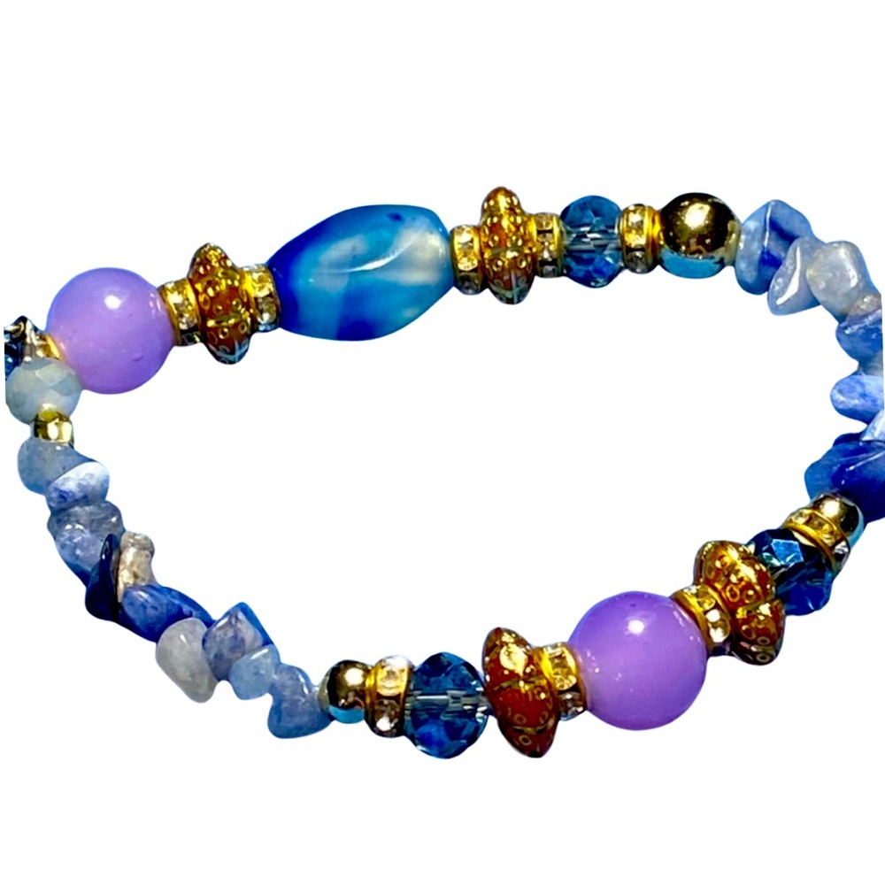 Handcrafted Stretch Bracelet Blue & Purple Beads & Chips
